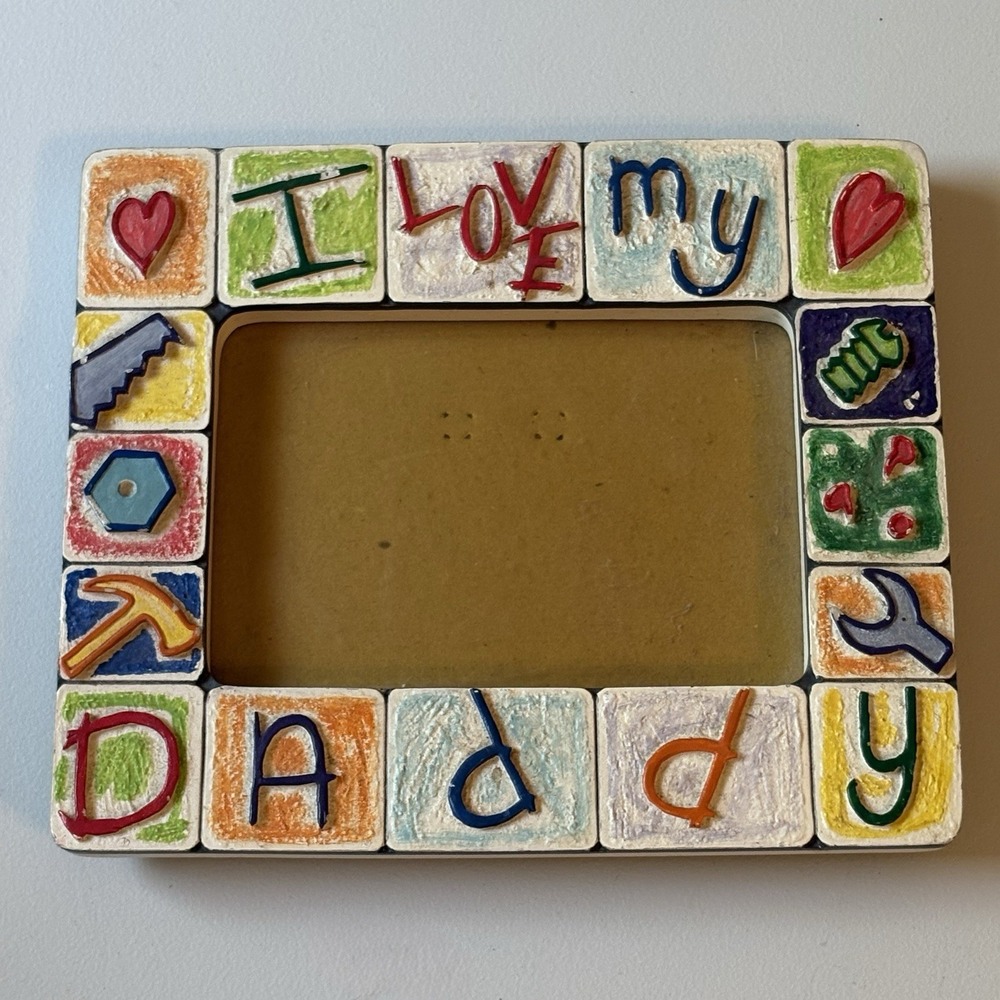 Vtg 90s "I Love My Daddy" Picture Frame Hand Painted Crayon-Style Russ Skribbles